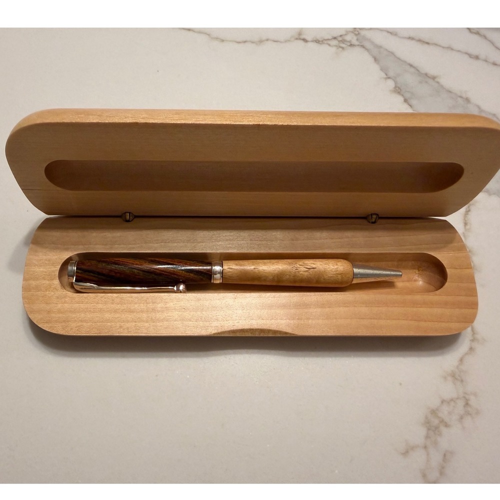 Handmade Two Tone Exotic Wood Ballpoint Pen with Solid Wood Hinged Gift Case